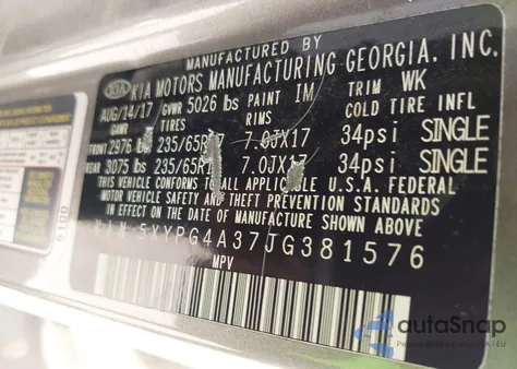 2018 Kia Sorento 2.4L Lx из США, поврежденный, VIN 5XYPG4A37JG381576